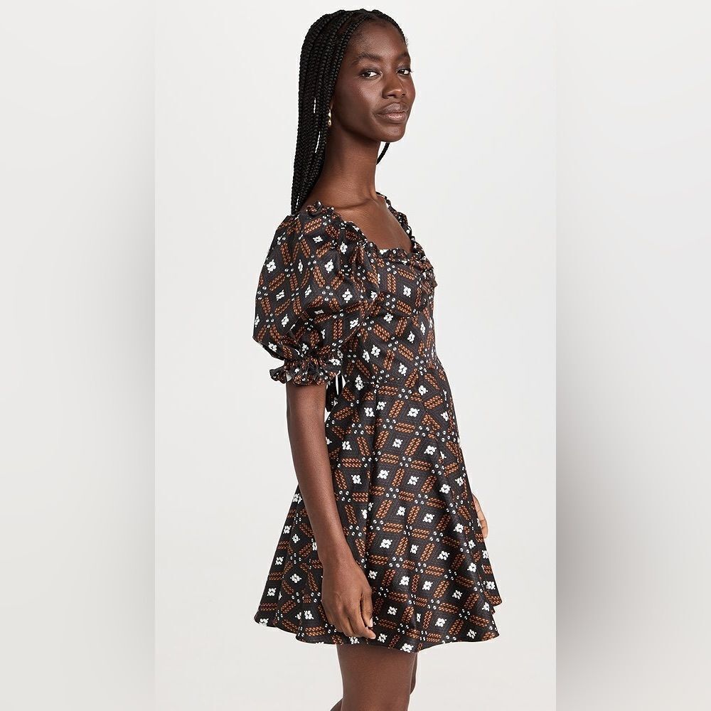 NWOT Autumn Adeigbo Camille Diamond Print Puff Sleeve Lace Up Back Mini Dress 8 - Picture 3 of 16